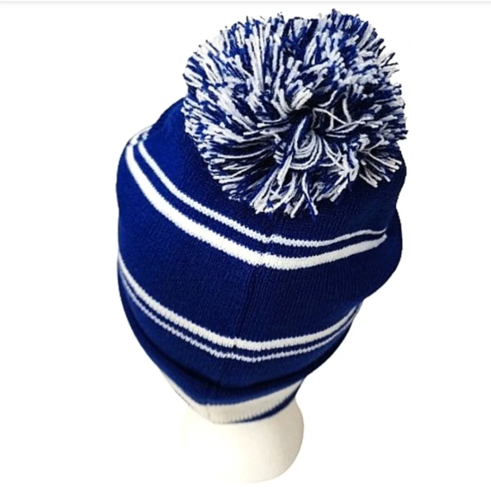 Blue And White Striped Pom Pom Knit Hat